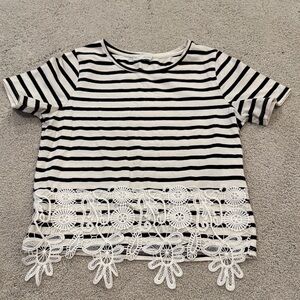 Zara Black and White Striped Kids Tee with Lace Detail